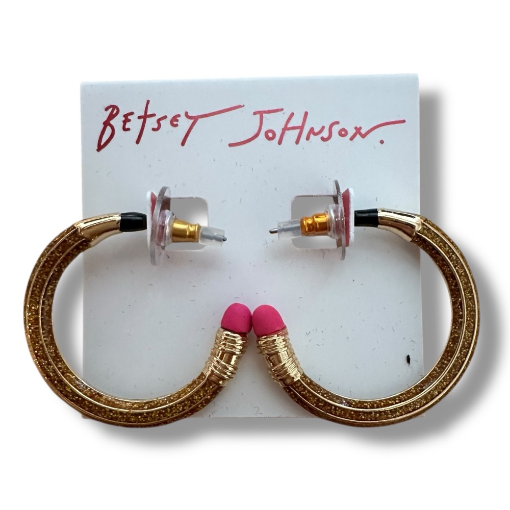 BETSEY JOHNSON Gold Glitter Pencil Shape Loop Earrings WHITE GIFT BOX  FAST SHIP
